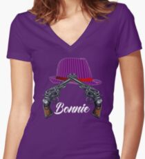 Vintage Bonnie Gunslinger Criminal Group Halloween Costume Idea Women's Fitted V-Neck T-Shirt