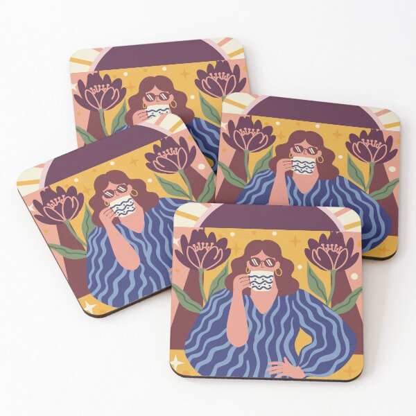 Item preview, relaxed woman enjoying a hot drink, surrounded by abstract flowers and leaves designed and sold by nesgalina.