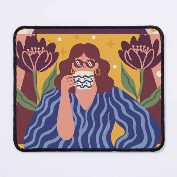Item preview, relaxed woman enjoying a hot drink, surrounded by abstract flowers and leaves designed and sold by nesgalina.