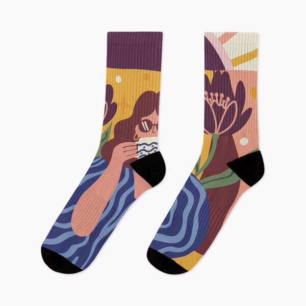 Item preview, relaxed woman enjoying a hot drink, surrounded by abstract flowers and leaves designed and sold by nesgalina.