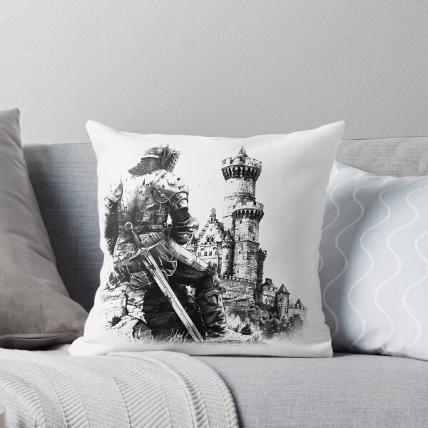 Item preview, Resting Knight Before Castle – Black and White Medieval Fantasy Art designed and sold by inkoutninja.
