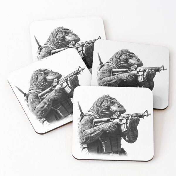 Item preview, Tactical Komodo – Black and White Armed Lizard Soldier Art designed and sold by inkoutninja.