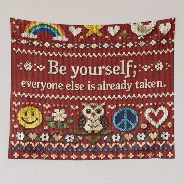 Item preview, Be Yourself knitting design with owl and rainbow, ugly Christmas sweater designed and sold by Mauswohn.