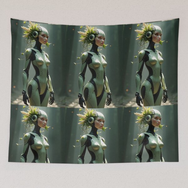 Item preview, Cyberpunk Nature Goddess - Futuristic Robot Woman with Organic Flora Art designed and sold by CreativeCorez.