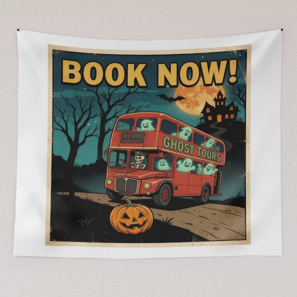 Item preview, Ghost Tour Bus Halloween Art Print | Retro Spooky Illustration | Haunted Night Travel Poster designed and sold by AbstractAuraArt.