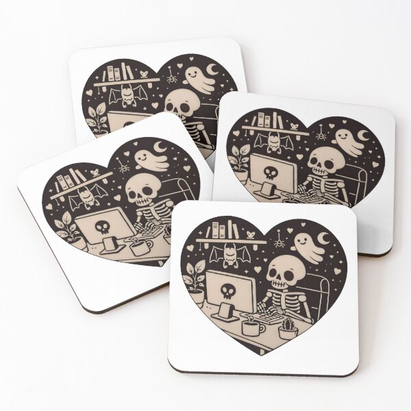 Item preview, Cute Skeleton Working at Computer – Gothic Cozy Halloween Illustration designed and sold by Senkov.