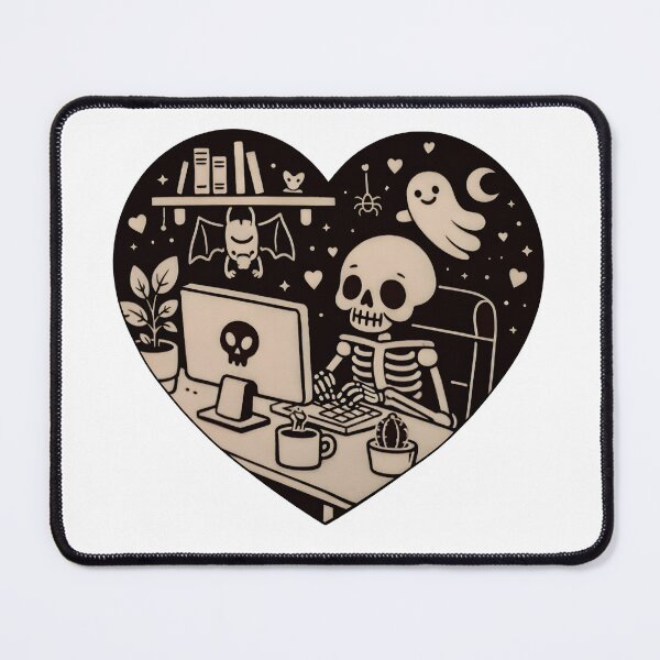 Item preview, Cute Skeleton Working at Computer – Gothic Cozy Halloween Illustration designed and sold by Senkov.