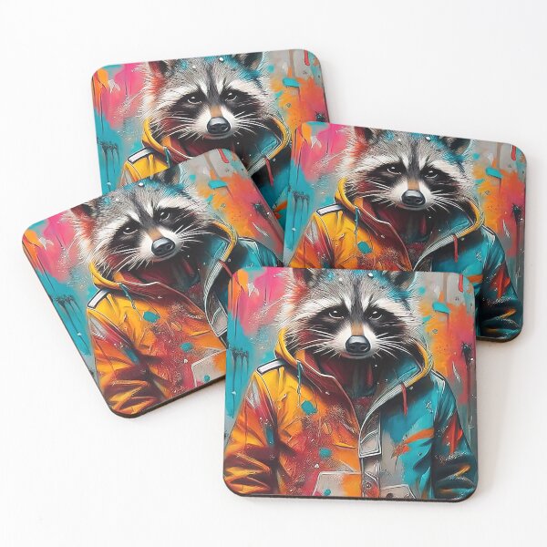 Item preview, Raccoon wearing a vibrant jacket designed and sold by paulrommer.