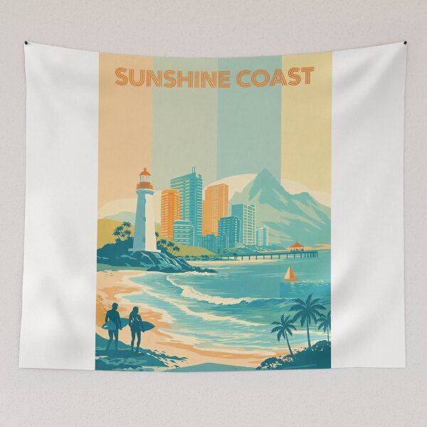 Item preview, Sunshine Coast Skyline with Lighthouse, Pier and Surfers at Beach designed and sold by Places On Earth.
