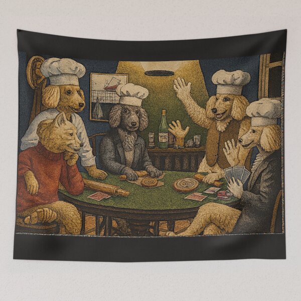 Item preview, Poodle Poker Night – Chef-Hatted Canine Card Game Tapestry designed and sold by LuxuryApparels.
