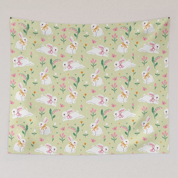 Item preview, white rabbits and flowers designed and sold by burbura.
