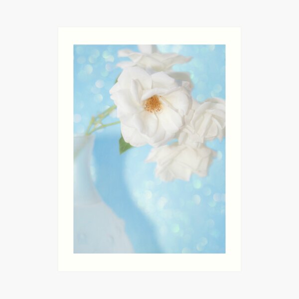 "Whispery White Roses on Blue" Art Print