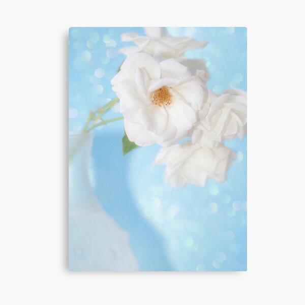 "Whispery White Roses on Blue" Canvas Print