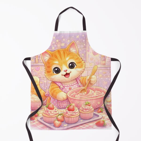 Item preview, Baking Cat Making Strawberry Cupcakes | Cute Pink Kitchen Cat Art | Pastel Dessert Aesthetic Illustration designed and sold by Furfolkz.