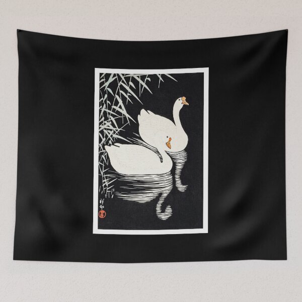 Item preview, 1928 Ohara Koson White Chinese Geese Swimming Among Reeds Art Print designed and sold by xposedbydesign.