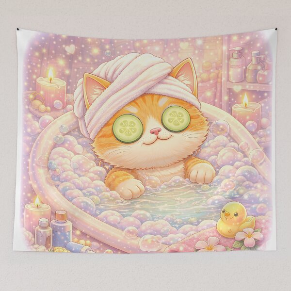 Item preview, Spa Cat Relaxing in Bubble Bath | Cute Self Care Kitty Art | Cozy Pastel Bathroom Aesthetic Illustration designed and sold by Furfolkz.