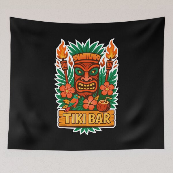 Item preview, Retro Tiki Mask – Tropical Fire Vibes (white outline) designed and sold by Stef Ringoot, cartoons and illustrations.