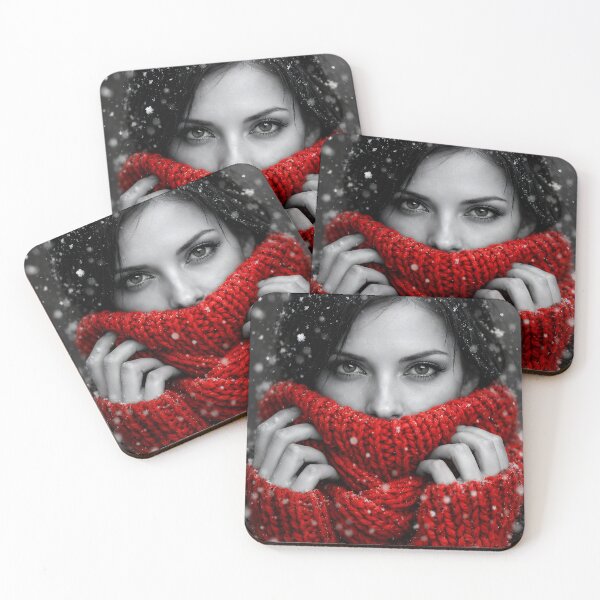 Item preview, Winter Portrait Woman Red Scarf Snow Black and White designed and sold by athanasioungr.
