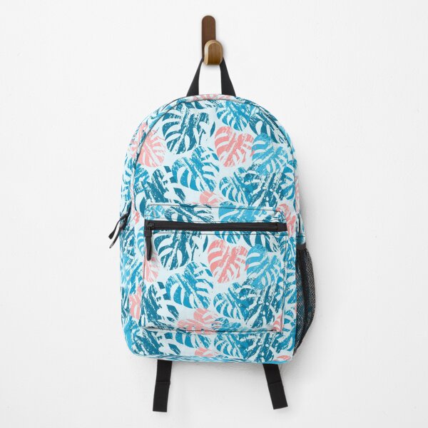 Item preview, Tropical Monstera Leaves Block Print Blue Pink designed and sold by Pinkdeer Designs.