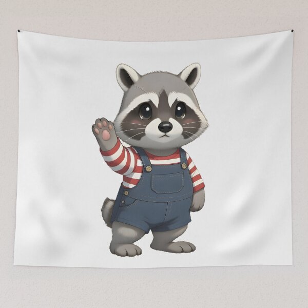 Item preview, Cute Raccoon Waving in Denim Overalls designed and sold by PeaceHappyLove.