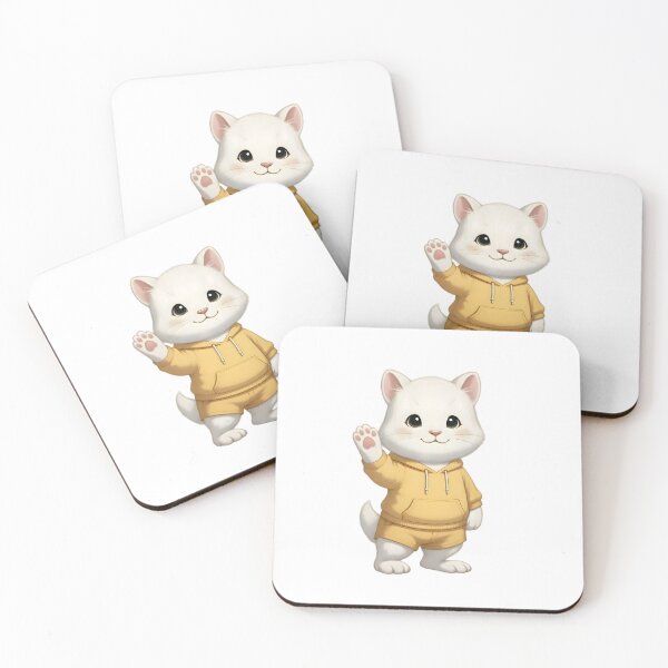 Item preview, Cute White Cat in Yellow Hoodie Waving designed and sold by PeaceHappyLove.