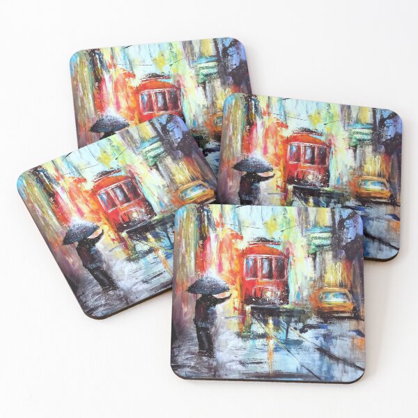 Item preview, City Rain with red bus and umbrellas designed and sold by Natart1004.