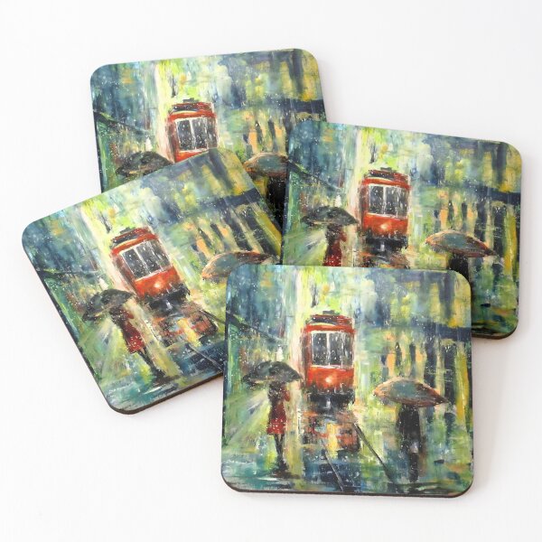 Item preview,  Rainy streets with red bus and umbrellas designed and sold by Natart1004.