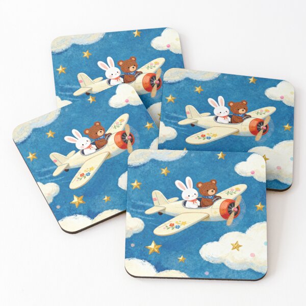 Item preview, Bunny and Bear Airplane Adventure - Whimsical Nursery Night Sky Art designed and sold by HappySproutArt.