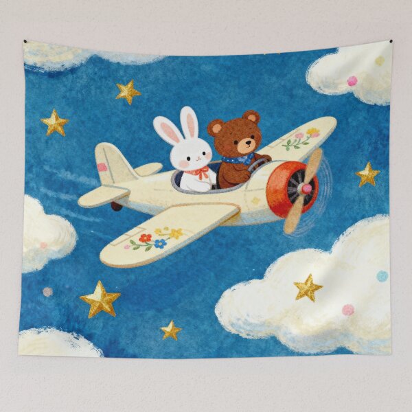 Item preview, Bunny and Bear Airplane Adventure - Whimsical Nursery Night Sky Art designed and sold by HappySproutArt.
