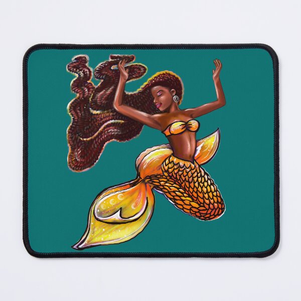 Item preview, Mermaid Joy - orange tail with yellow hibiscus flower in her Afro hair relaxing designed and sold by Artonmytee.