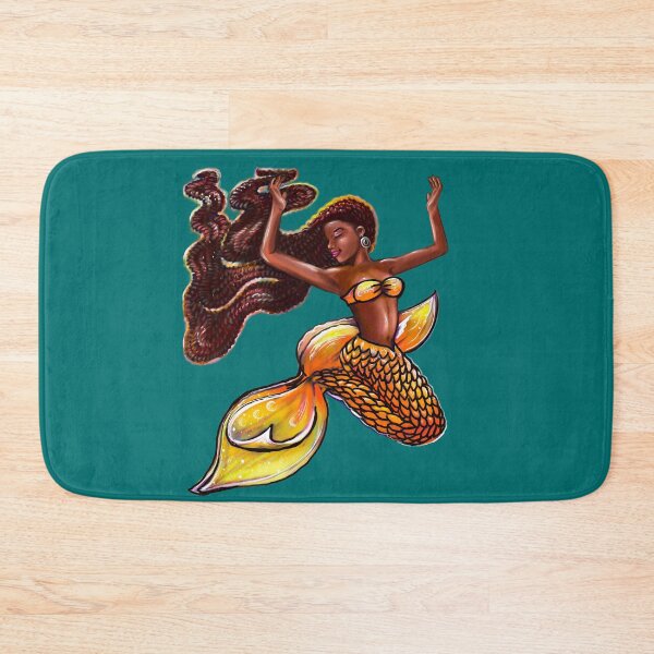 Item preview, Mermaid Joy - orange tail with yellow hibiscus flower in her Afro hair relaxing designed and sold by Artonmytee.