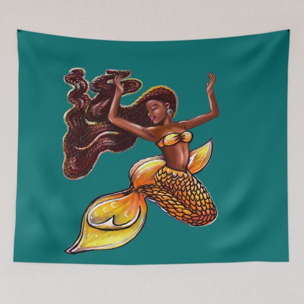 Item preview, Mermaid Joy - orange tail with yellow hibiscus flower in her Afro hair relaxing designed and sold by Artonmytee.