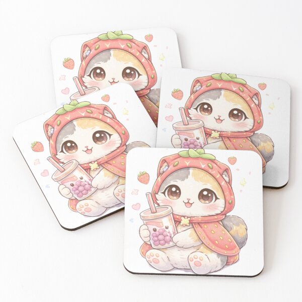 Item preview, Mochi Cozy Cat – Strawberry Bubble Tea Time designed and sold by Mochi Studio.