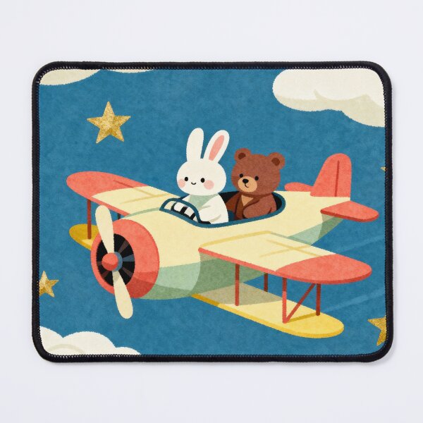 Item preview, Midnight Flight Buddies - Cute Bear and Bunny Vintage Biplane Nursery Art designed and sold by HappySproutArt.