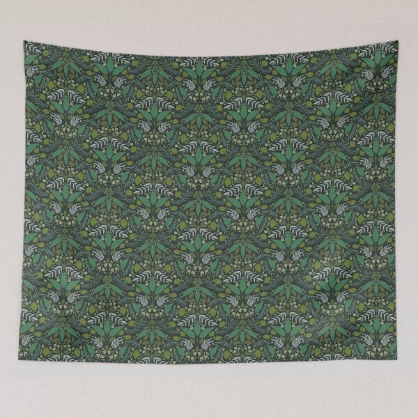 Item preview, Lush botanical leaves in sage green and moss on a deep black background designed and sold by Karima Deiss.
