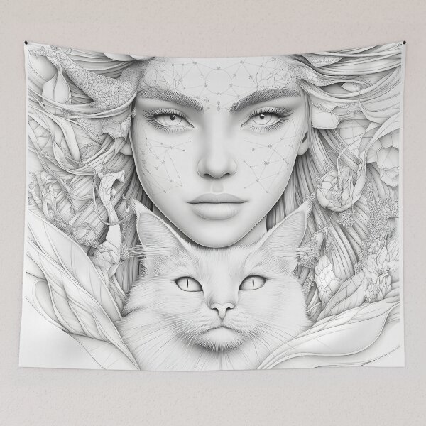 Item preview, Celestial Goddess and Mystic Cat Ethereal Line Art designed and sold by Shoot-The-Moon.