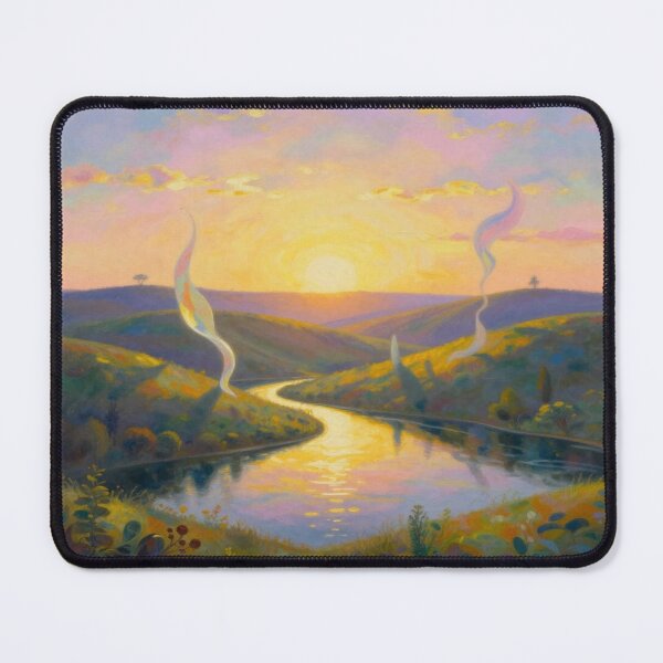 Item preview, Sunset River Dreamscape – Painterly Landscape with glowing light and surreal ribbon elements designed and sold by FotoworldEdel.