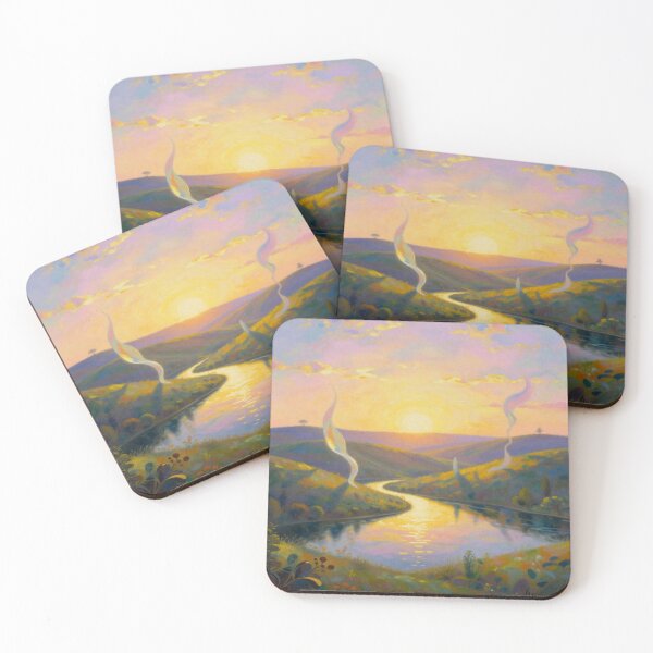 Item preview, Sunset River Dreamscape – Painterly Landscape with glowing light and surreal ribbon elements designed and sold by FotoworldEdel.