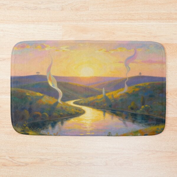 Item preview, Sunset River Dreamscape – Painterly Landscape with glowing light and surreal ribbon elements designed and sold by FotoworldEdel.