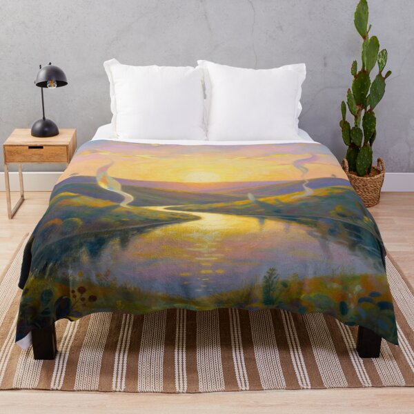 Item preview, Sunset River Dreamscape – Painterly Landscape with glowing light and surreal ribbon elements designed and sold by FotoworldEdel.