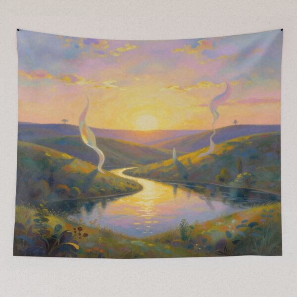 Item preview, Sunset River Dreamscape – Painterly Landscape with glowing light and surreal ribbon elements designed and sold by FotoworldEdel.