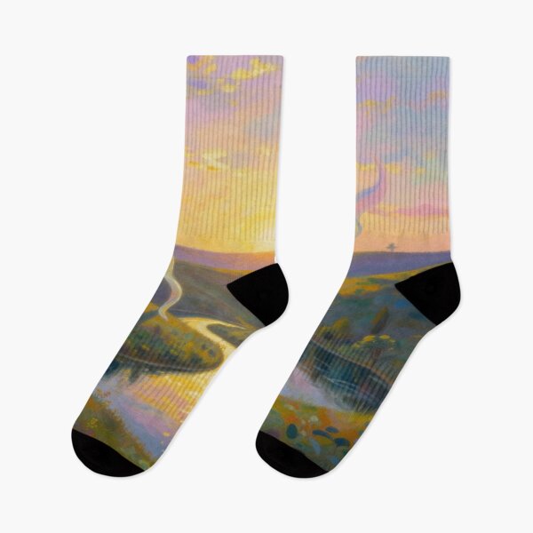 Item preview, Sunset River Dreamscape – Painterly Landscape with glowing light and surreal ribbon elements designed and sold by FotoworldEdel.