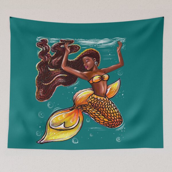 Item preview, Mermaid Joy - orange tail with and Afro hair relaxing designed and sold by Artonmytee.