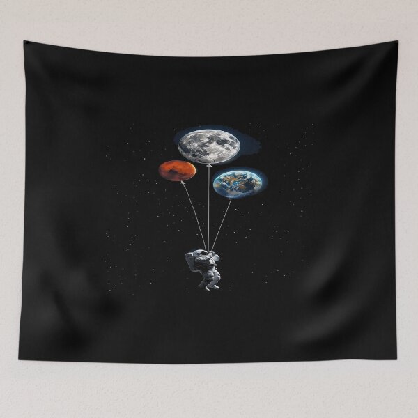 Item preview, Surreal Space Art – Astronaut Floating with Moon, Mars & Earth Balloons in Cosmic Dreamscape designed and sold by Bright Nest Studio.