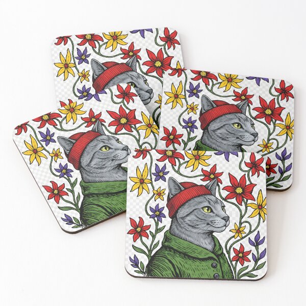 Item preview, Vintage Linocut Russian Blue Cat Illustration with Flowers designed and sold by HITAHOUSE.
