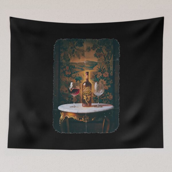 Item preview, Rose Etched Red Wine Bottle Crystal Glasses Floral Tapestry – Gothic Romance Still Life Art designed and sold by DarkRomanceMom.