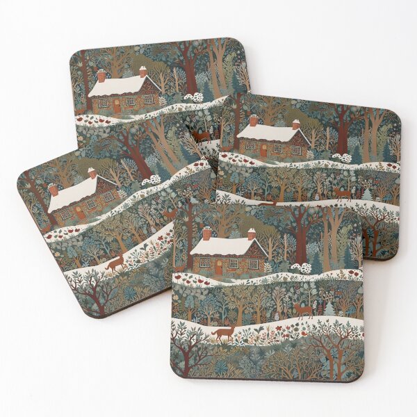 Item preview, Retro cabin snowy woodland forest designed and sold by hollycooper.