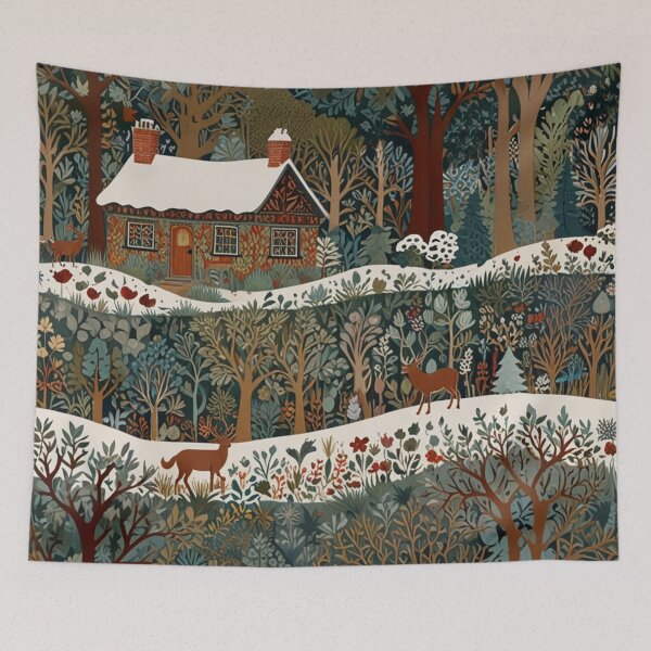 Item preview, Retro cabin snowy woodland forest designed and sold by hollycooper.