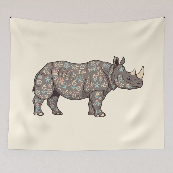 Item preview, Javan Rhino Silhouette with Floral Motifs – Scandinavian Folk Art by heidiannemorris © designed and sold by FOLK ART FUSION by heidiannemorris.