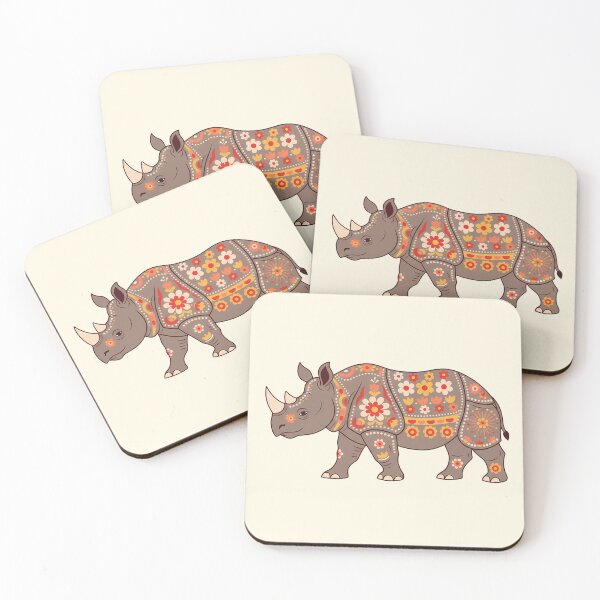 Item preview, Javan Rhino Silhouette with Floral Motifs – Scandinavian Folk Art by heidiannemorris © designed and sold by FOLK ART FUSION by heidiannemorris.